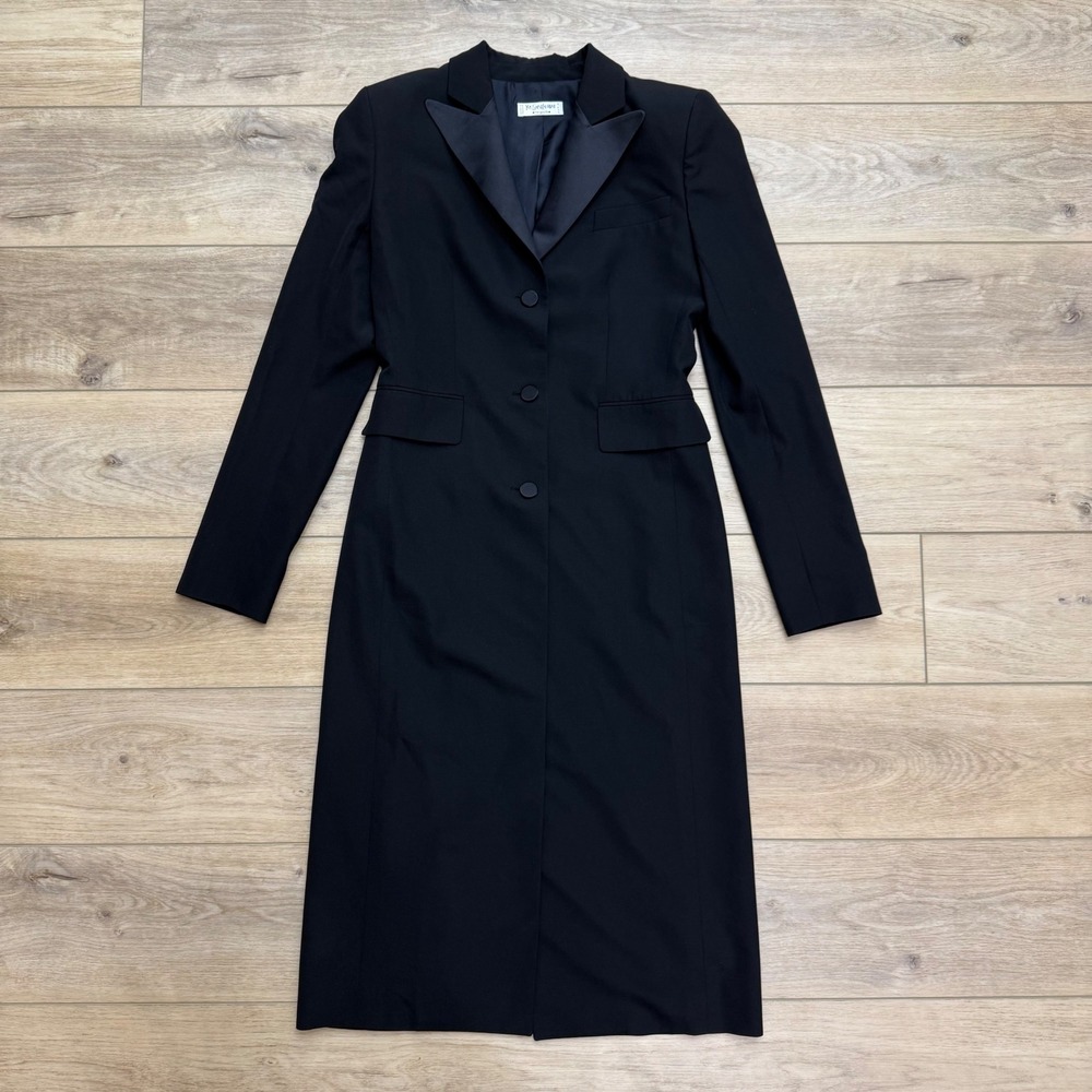 Vintage YSL Rive Gauche Black Wool Silk Long Tuxedo Coat Le Smoking Jacket 36 - Picture 2 of 16